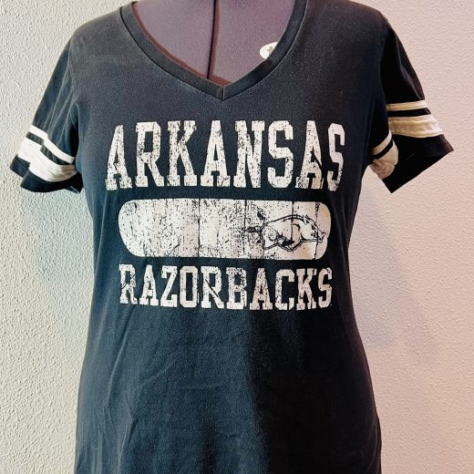 Full front view of heather grey Arkansas Razorbacks T-shirt in size XL