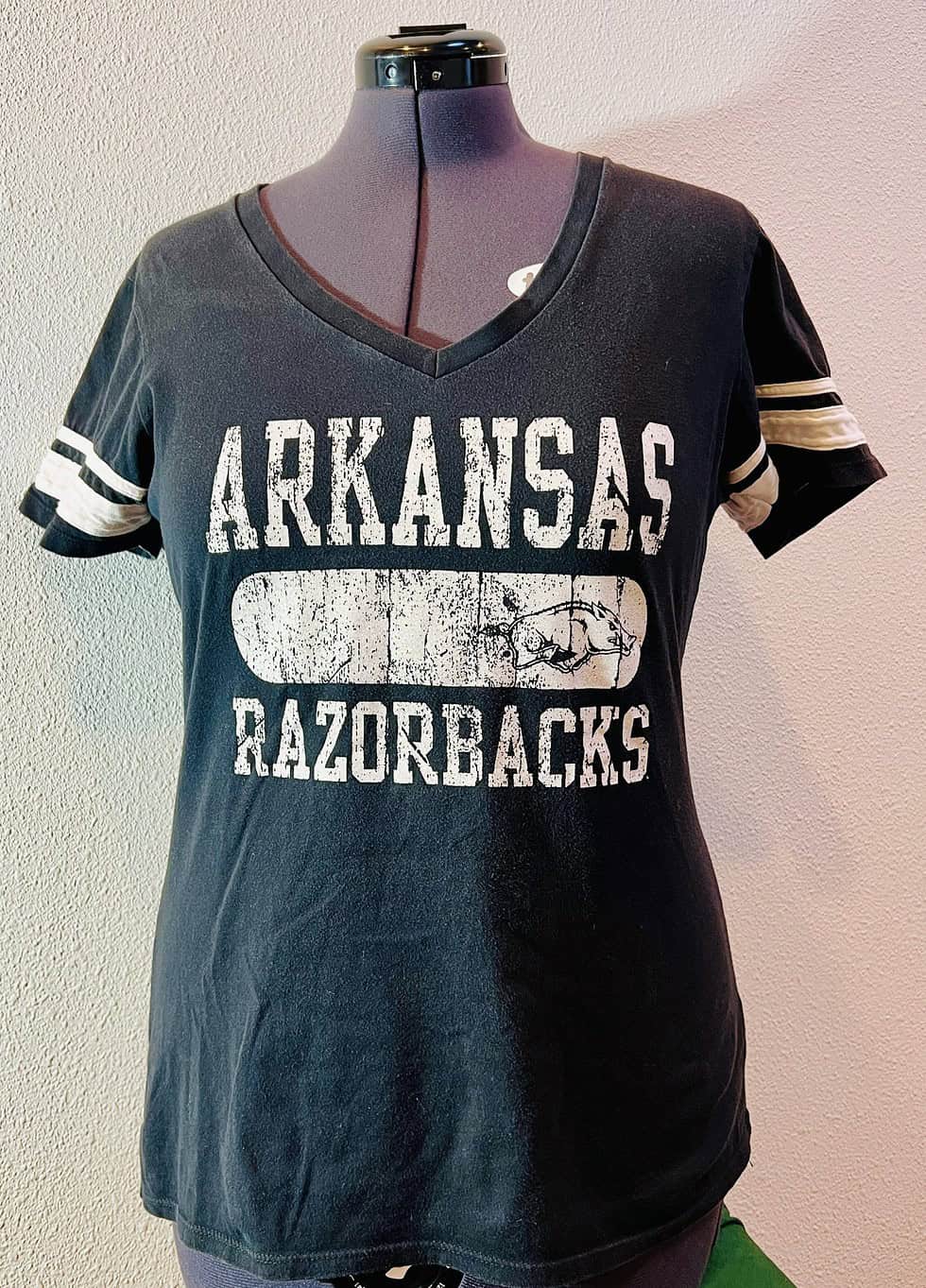 Full front view of heather grey Arkansas Razorbacks T-shirt in size XL