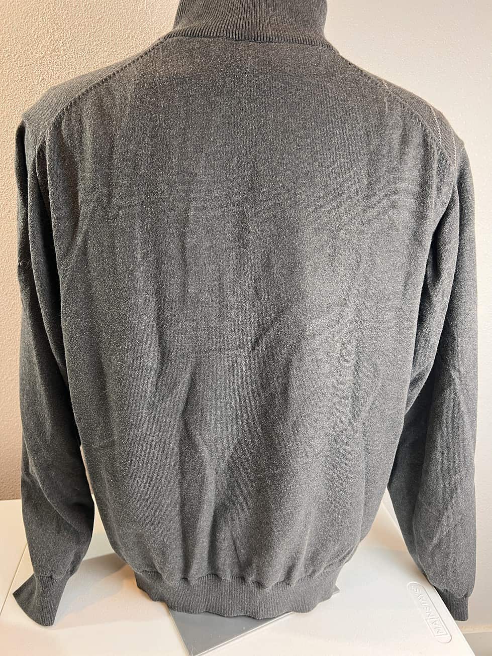 Rear view of a charcoal grey quarter-zip sweater showing a smooth, uninterrupted design, suitable for a refined casual style.