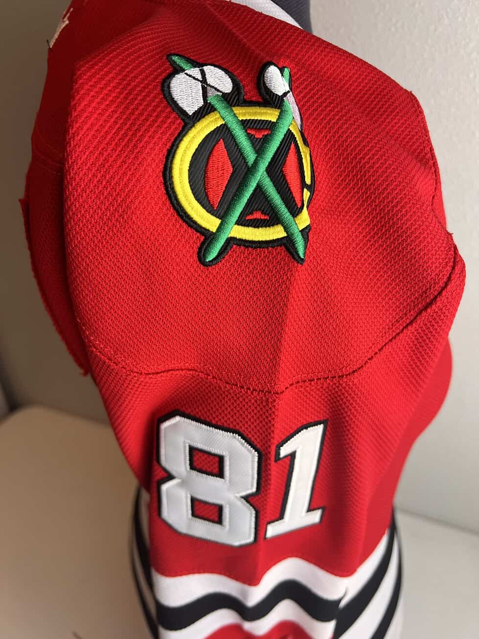 Detail of the sleeve of the Chicago Blackhawks jersey with the number ‘81’