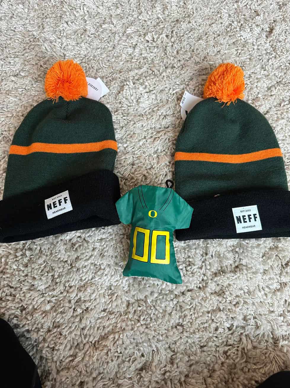 Two University of Oregon Beanies + Pocket Bag