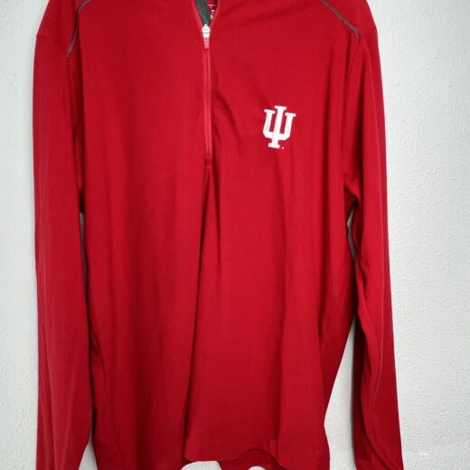 Indiana University crimson quarter-zip pullover with embroidered white IU logo on the front.
