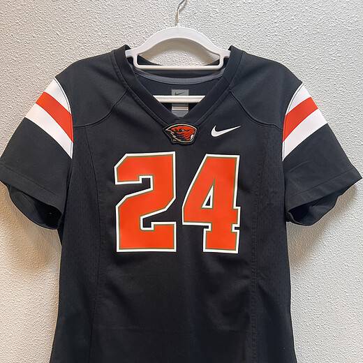 Full front view of the Oregon State Beavers Nike football jersey with number 24, team emblem, and Nike swoosh.