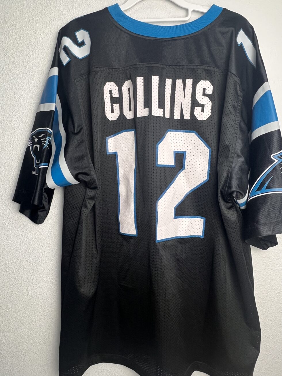 Back view of the vintage Kerry Collins Carolina Panthers jersey showing "Collins" and number 12.