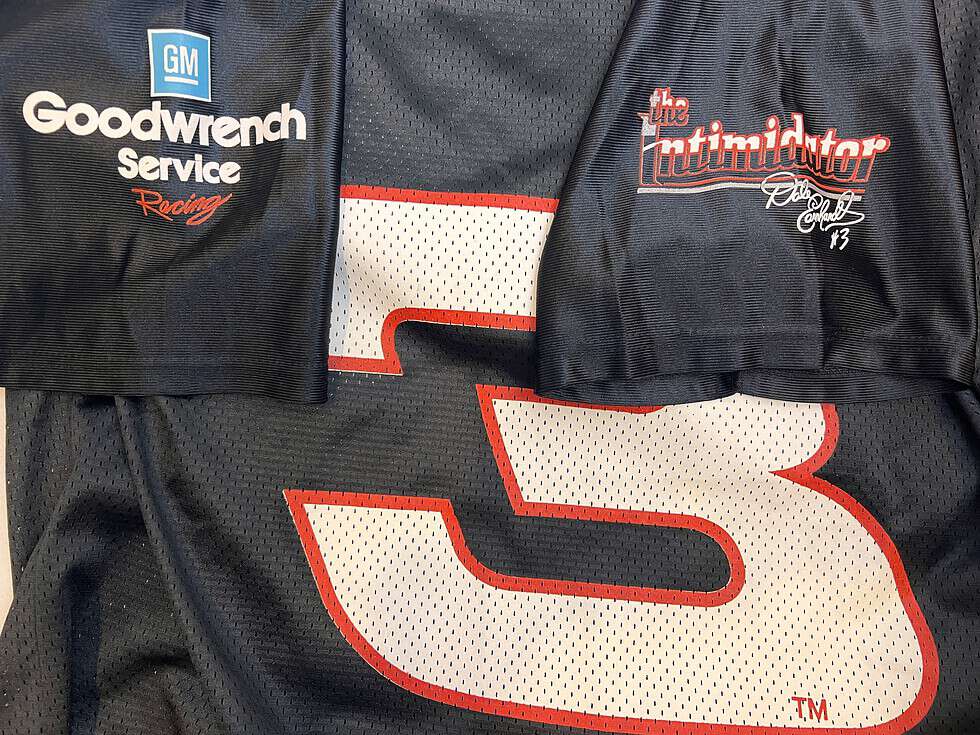 Detailed view of the Goodwrench Service logo on the sleeve of the Dale Earnhardt Sr. NASCAR Jersey and the number 3 on the front.