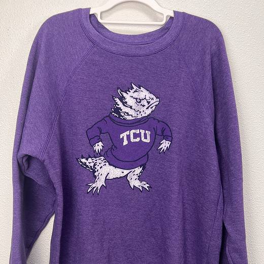 Front view of the TCU Horned Frog purple crewneck sweatshirt