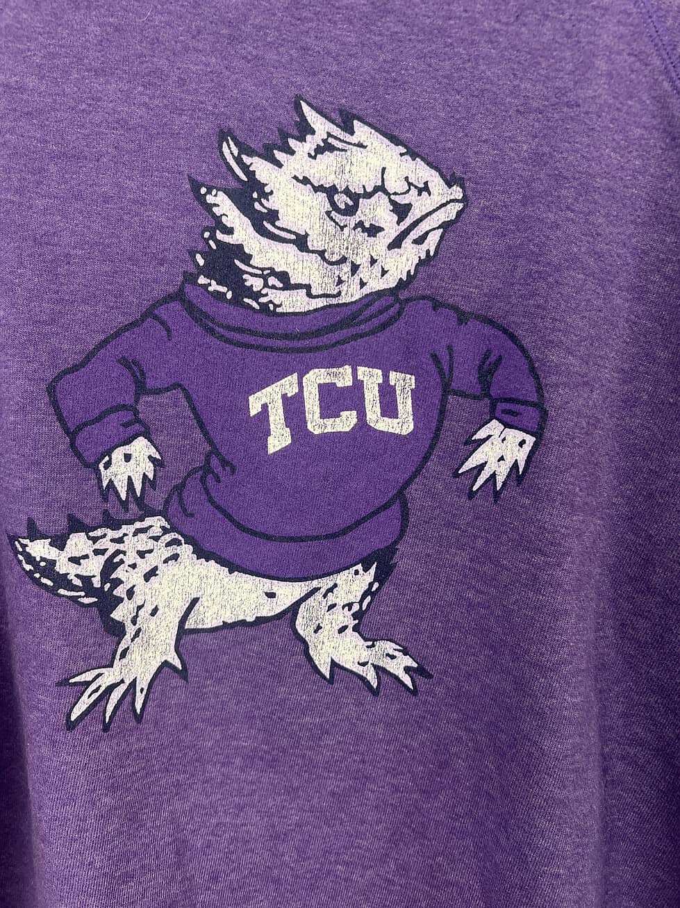 Close-up of the TCU Horned Frog print on the sweatshirt.