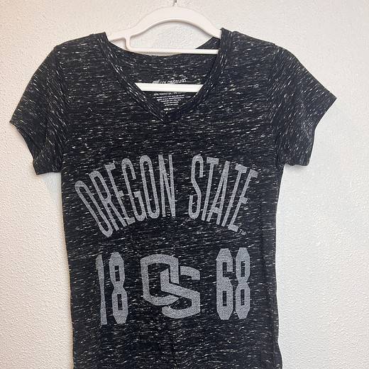 Front view of Oregon State University V-neck T-shirt, black with speckled design, featuring "Oregon State 1868" graphic.