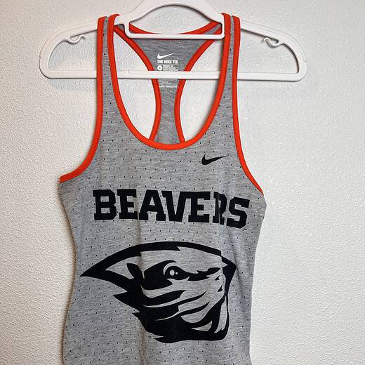 Front view of Nike Dri-FIT Oregon State Beavers tank top, gray with orange trim and bold Beavers logo.