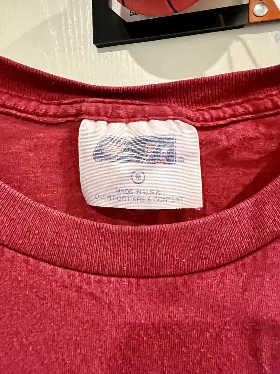 Close-up of CSA tag inside vintage San Francisco 49ers T-Shirt, size Medium.