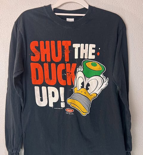 Front view of the Oregon State "Shut the Duck Up" long sleeve tee with bold graphic.