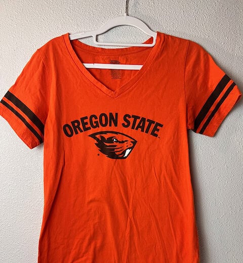 Oregon State Beavers V-Neck Tee with Striped Sleeves