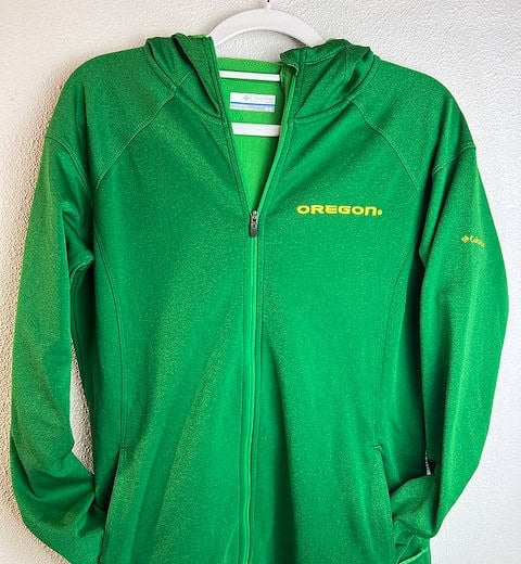 Front view of green Columbia Oregon Ducks full-zip hooded jacket with yellow "OREGON" logo on the chest.