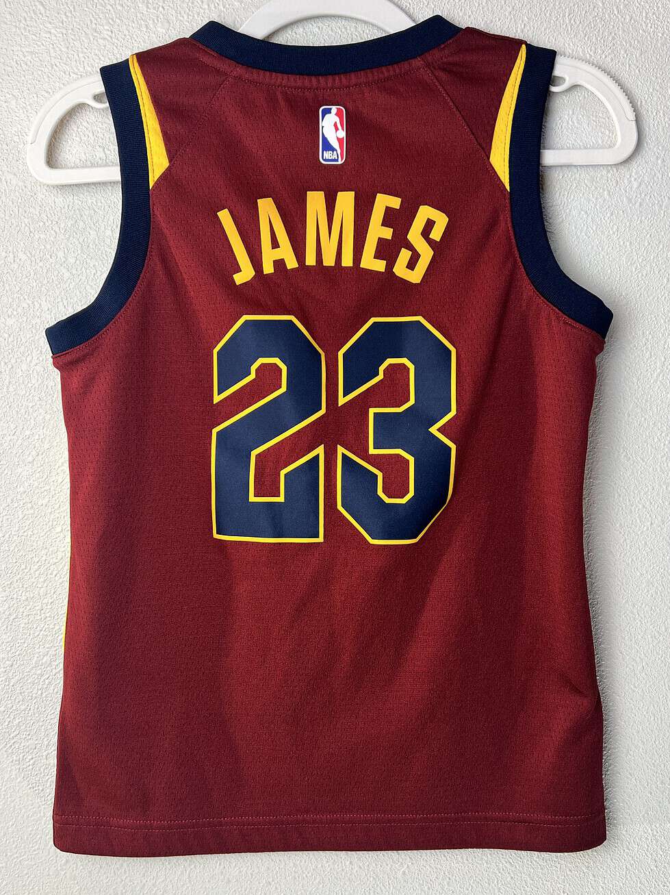 Back of LeBron James #23 Cleveland Cavaliers wine-colored jersey
