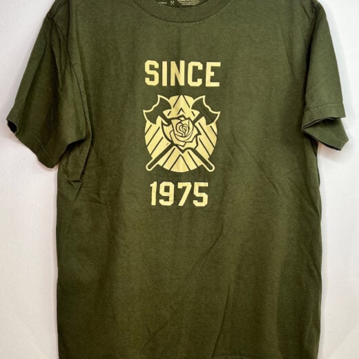 Front of No Pity Original “Since 1975" green t-shirt with Timbers crest