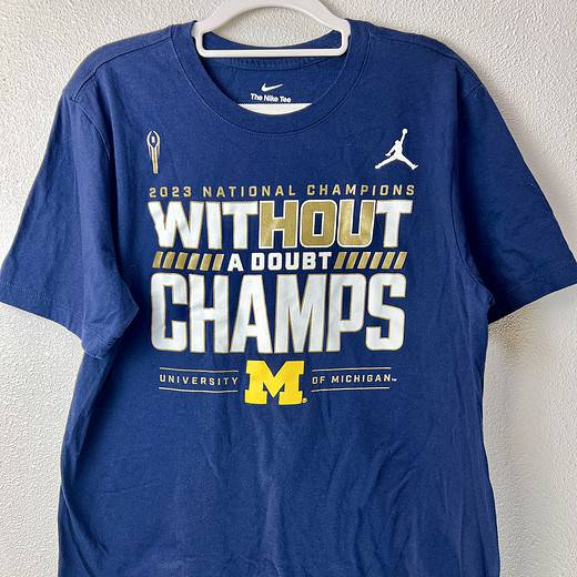 Front view of 2023 National Champions Michigan Wolverines Nike x Jordan tee.