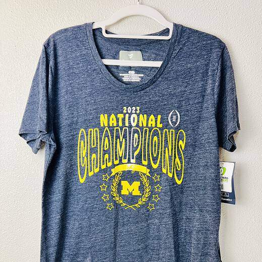 Front view of women’s Michigan Wolverines 2023 National Champions tee from Fanatics.