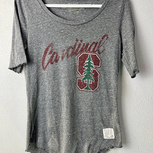 Front view of Stanford Cardinal women’s tee with distressed logo and scoop neck.