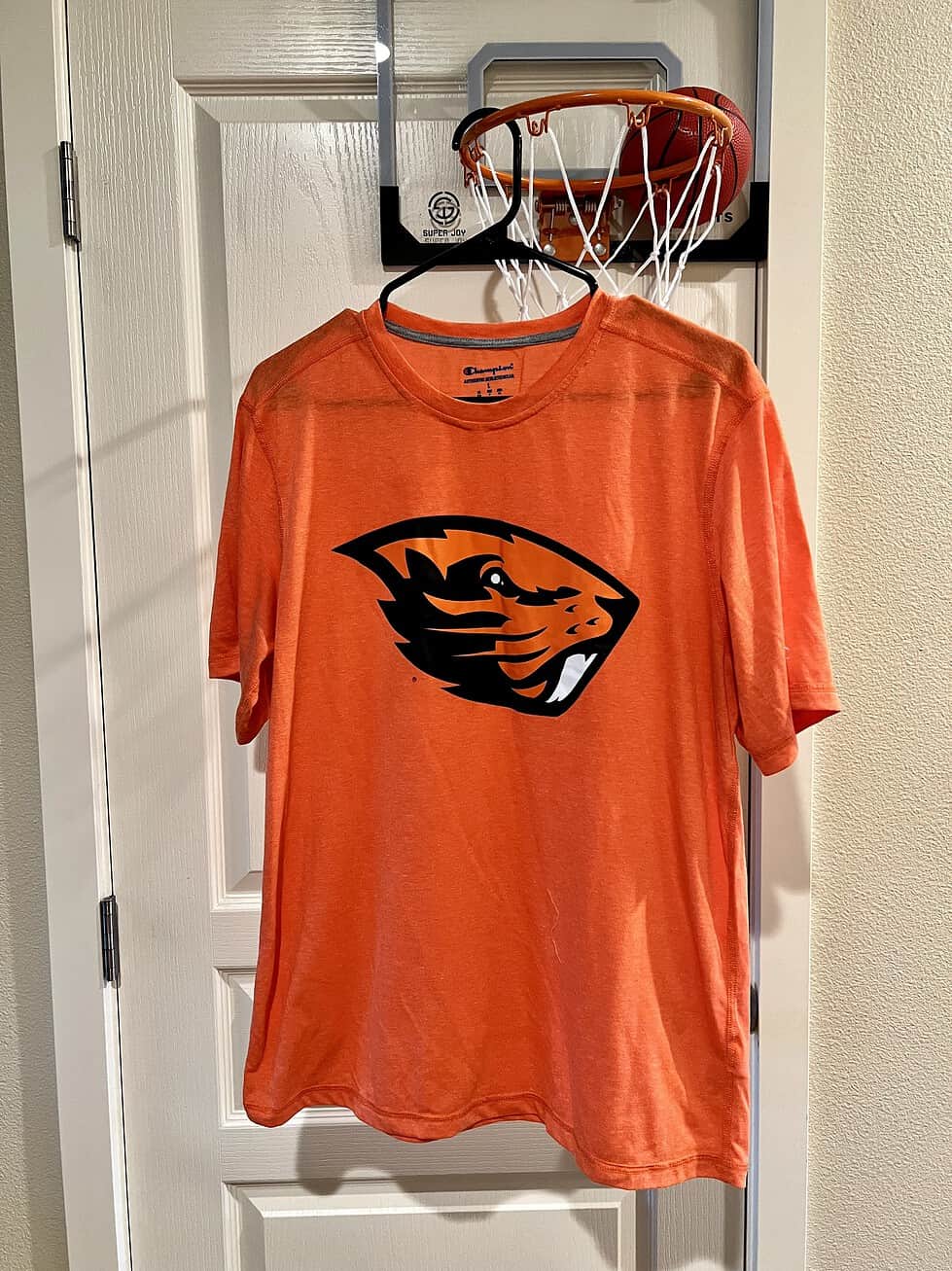 Front view of an orange Champion T-shirt featuring the Oregon State Beavers logo, Adult Large.