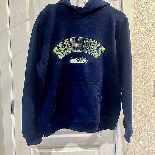 Front view of a navy blue Seattle Seahawks hoodie with green “Seahawks” lettering and team logo.