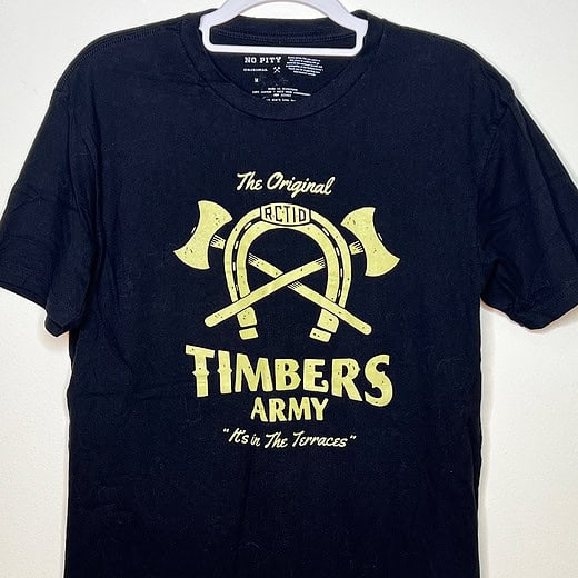 Front of black t-shirt with Timbers Army graphic