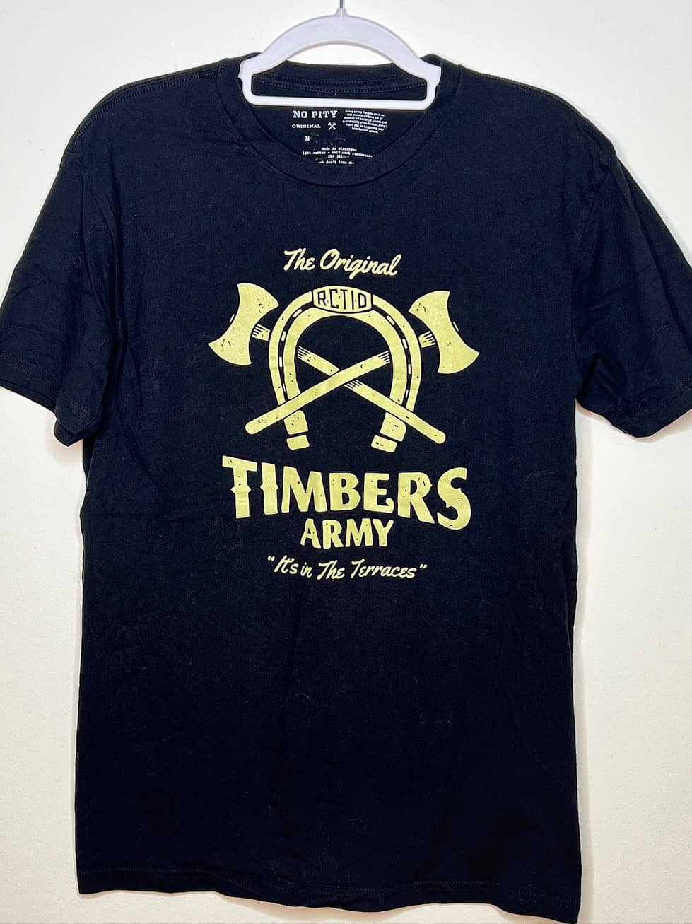 Front of black t-shirt with Timbers Army graphic
