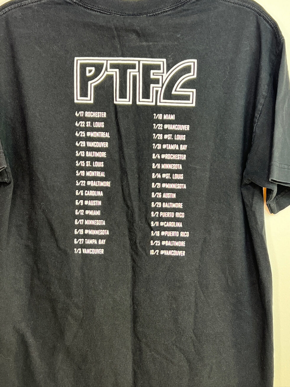Back of tee listing 2010 USL game schedule for PTFC, featuring many teams now in MLS
