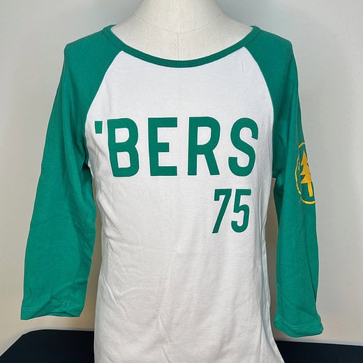 Front of No Pity Originals “’Bers 75” baseball tee with green raglan sleeves