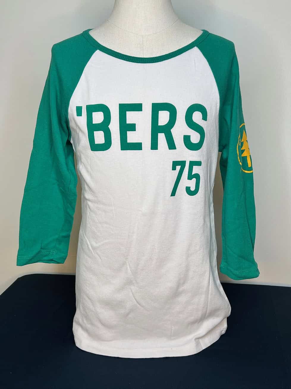 Front of No Pity Originals “’Bers 75” baseball tee with green raglan sleeves