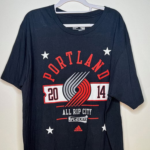 Black Portland Trail Blazers 2014 Playoffs tee by Adidas with front Rip City graphics, size XL