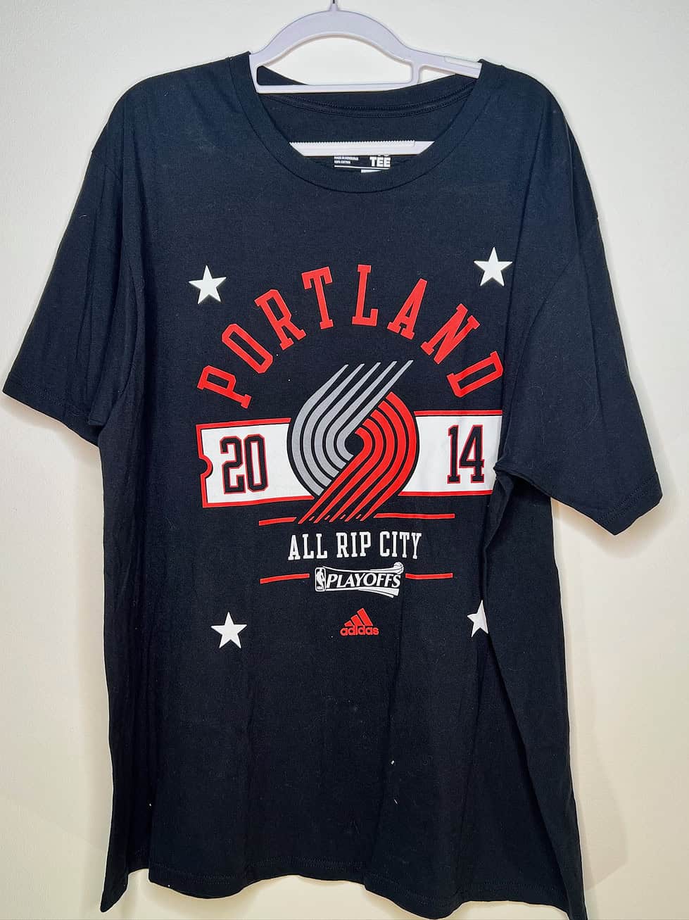 Black Portland Trail Blazers 2014 Playoffs tee by Adidas with front Rip City graphics, size XL