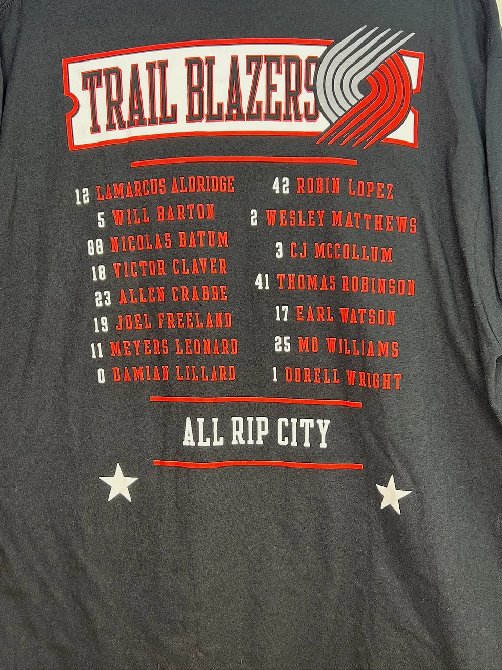 Back of 2014 Blazers Playoffs t-shirt with team roster and logo