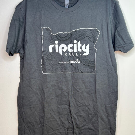 Dark gray Portland Trail Blazers 2023 Rip City Rally t-shirt, size XL, front design