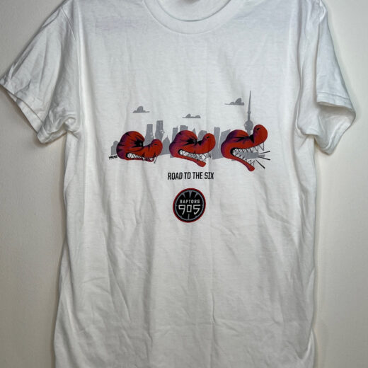 Raptors 905 “Road to the Six” white t-shirt with red raptor graphics and skyline, size Small