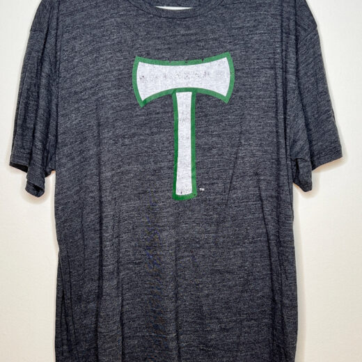 Front of shirt. Dark heather grey with white and green t-axe logo