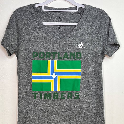 Adidas Portland Timbers v-neck tee with city flag design, front view