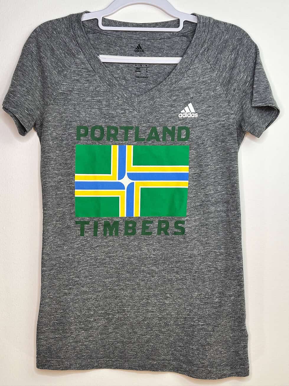 Adidas Portland Timbers v-neck tee with city flag design, front view