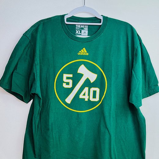 Front view of Adidas Portland Timbers 5/40 anniversary tee in green