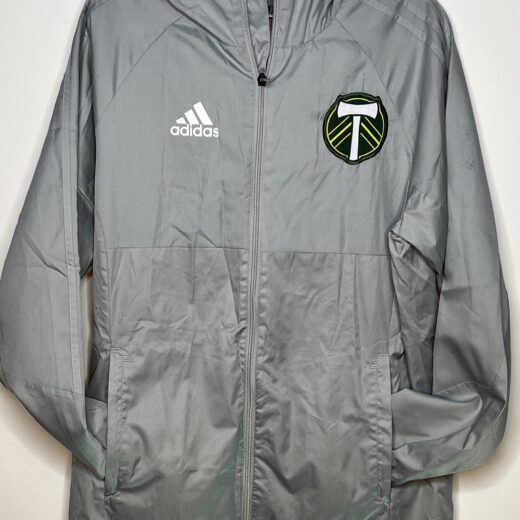 Front view of Portland Timbers Adidas lightweight gray jacket, size small