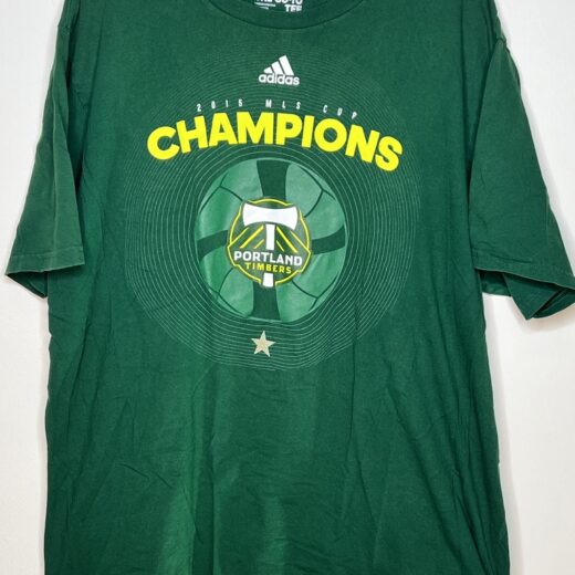 Front view of Portland Timbers 2015 MLS Cup Champions green tee by Adidas