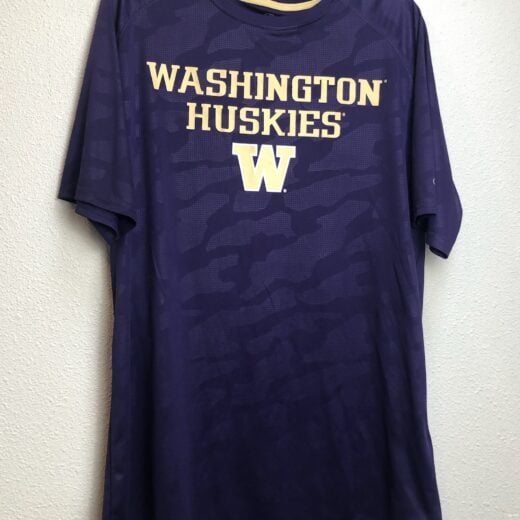 Front view of purple Washington Huskies Champion camo tee with gold “Washington Huskies” text and “W” logo.