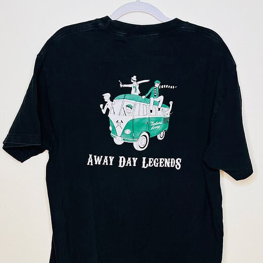Back view of black Timbers Army “Away Day Legends” tee featuring fan-filled van graphic, men’s large