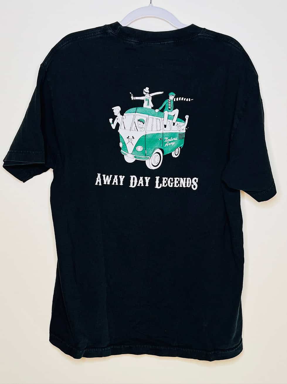 Back view of black Timbers Army “Away Day Legends” tee featuring fan-filled van graphic, men’s large