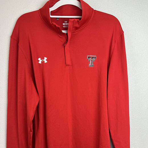 Texas Tech Under Armour red quarter-zip pullover with embroidered Double T logo on chest, lightweight performance fabric, size medium