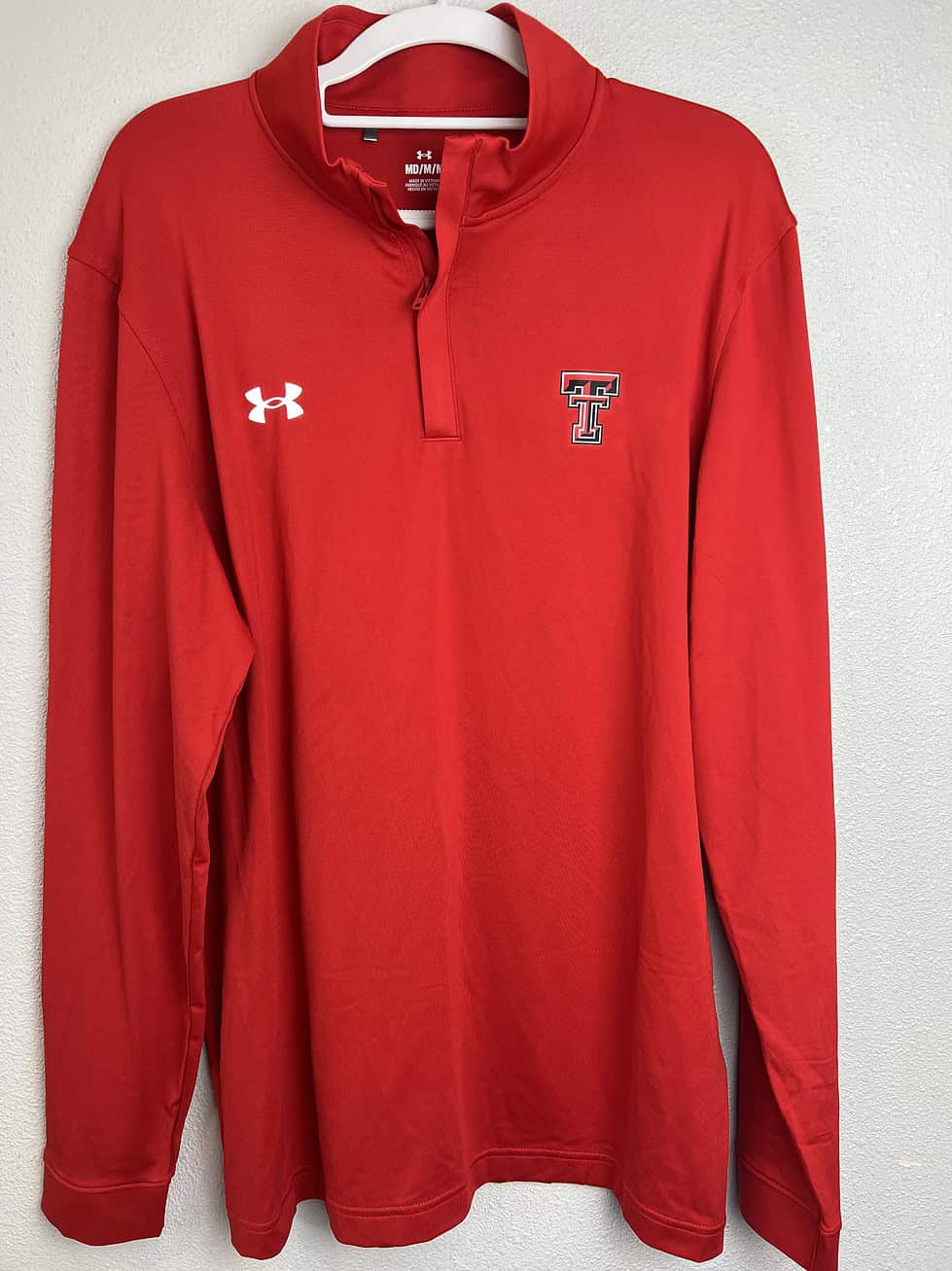 Texas Tech Under Armour red quarter-zip pullover with embroidered Double T logo on chest, lightweight performance fabric, size medium