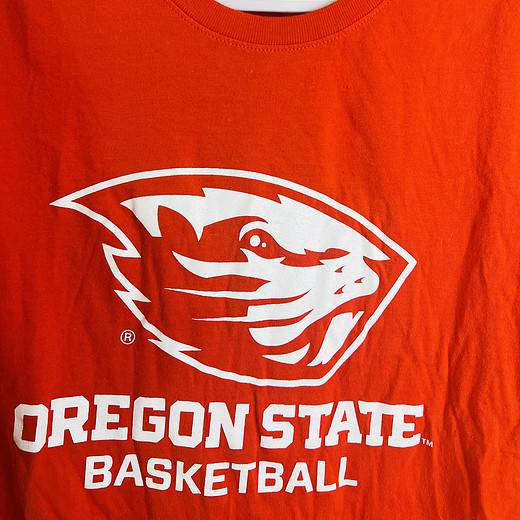 Front view of orange Oregon State Basketball Nike t-shirt with white Beavers logo.