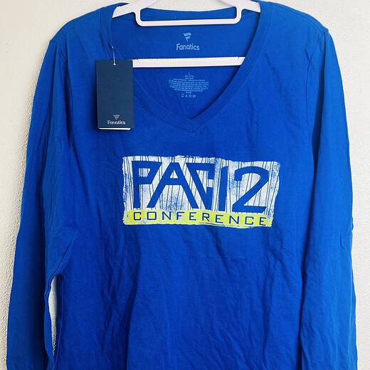 Front of royal blue Pac-12 Conference long-sleeve tee by Fanatics with distressed graphic.