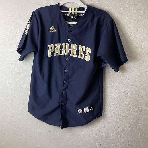 Navy blue San Diego Padres Adidas button-up jersey with gold and white lettering, embroidered Adidas and MLB logos, size medium