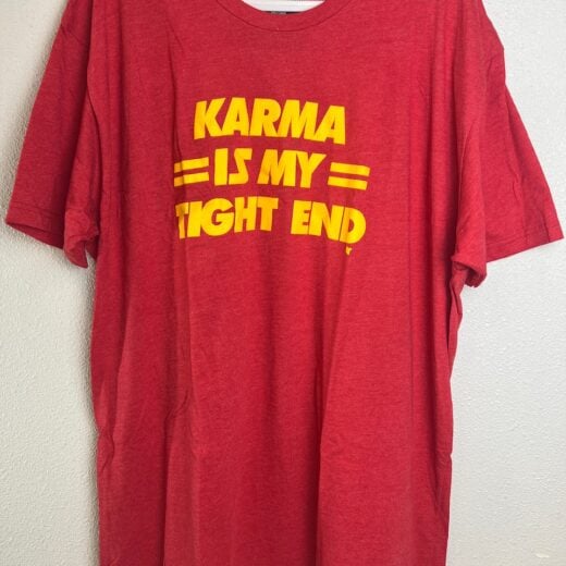 Front view of BreakingT 'Karma Is My Tight End' red and yellow graphic tee, XXL.