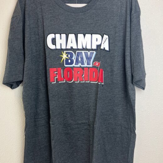 Front view of gray BreakingT ‘Champa Bay Florida’ shirt celebrating the Buccaneers and Lightning championships.